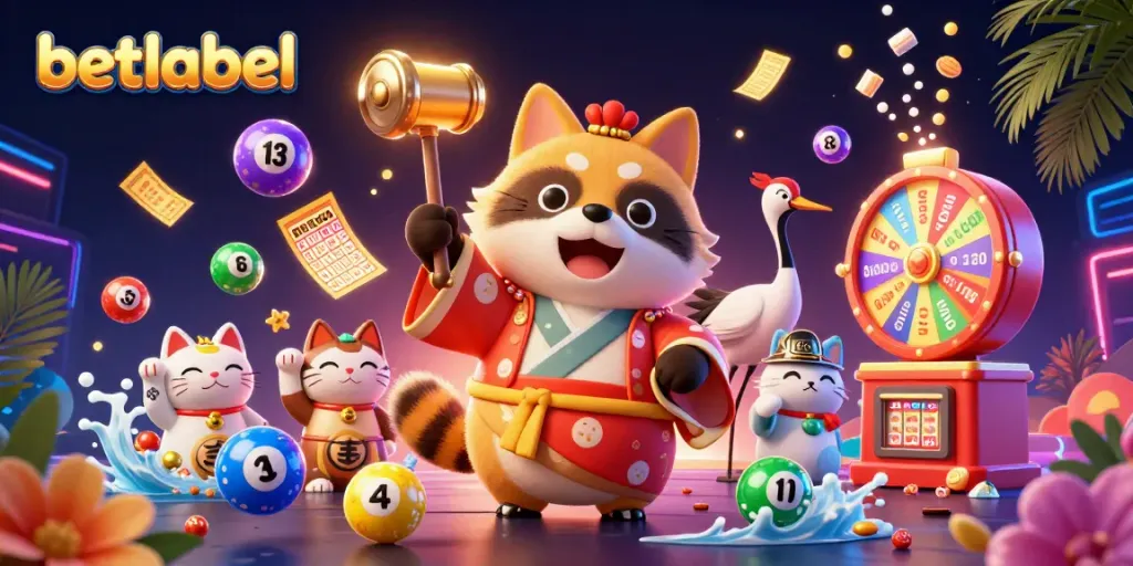 Experience the vibrant energy of betlabel with a cheerful tanuki and colorful game elements in a bustling casino scene.
