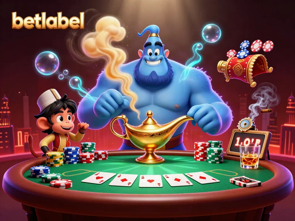Engage in thrilling poker action at Betlabel with a vibrant scene featuring a genie, monkey, and poker elements.