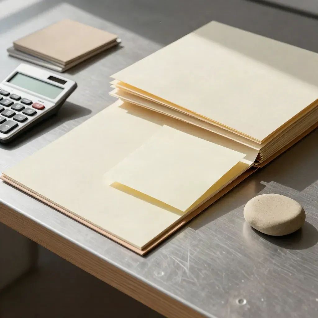 Vista cenital de carpetas de auditoría, post-its, calculadora y muestras de cartón sobre mesa metálica.