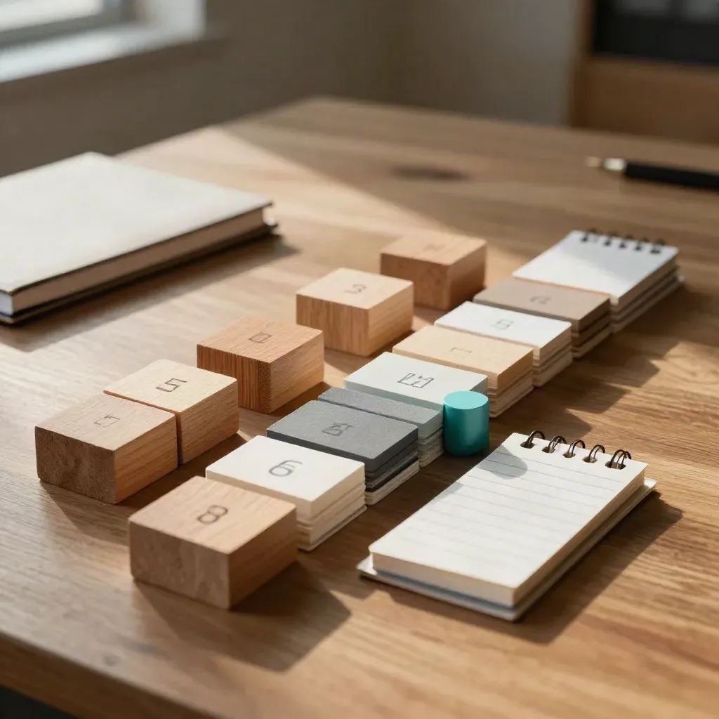 Maqueta de plan de sostenibilidad con bloques de madera, cuaderno cerrado y fichas alineadas en luz cálida.