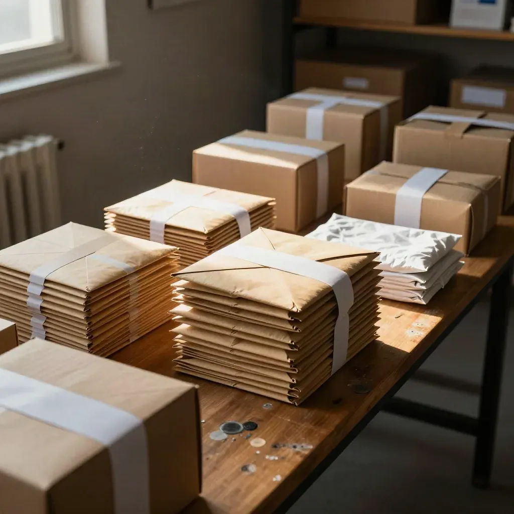 Sobres kraft y cajas lacradas agrupándose en una mesa larga, con luz cálida y sombras profundas.