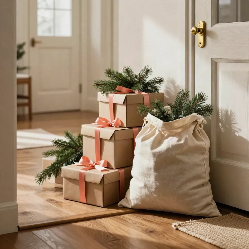 Cajas kraft con cintas coral, ramas de abeto y saco de donación junto a una puerta.