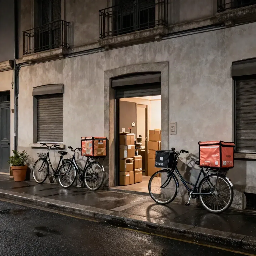Fachada nocturna de barrio con bicis, cajas de reparto y macetas compartidas bajo luz cálida.