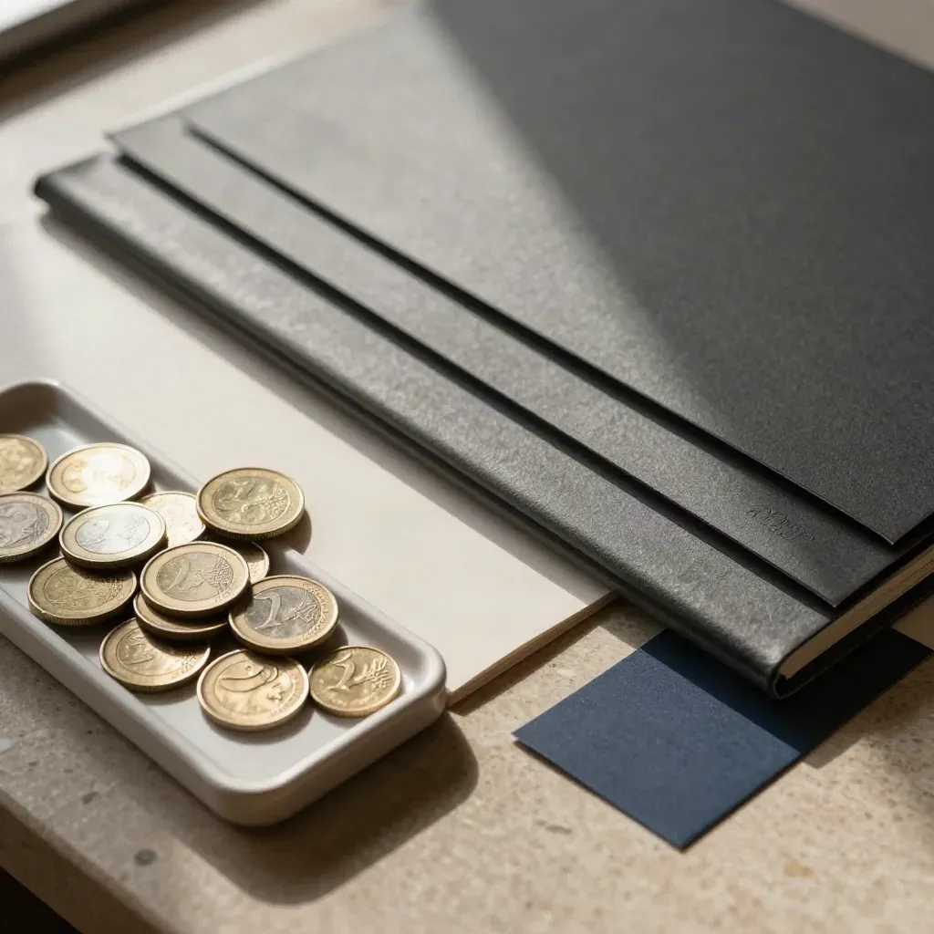 Vista cenital de fichas neutras, monedas, carpeta lisa y clips metálicos sobre una mesa oscura.