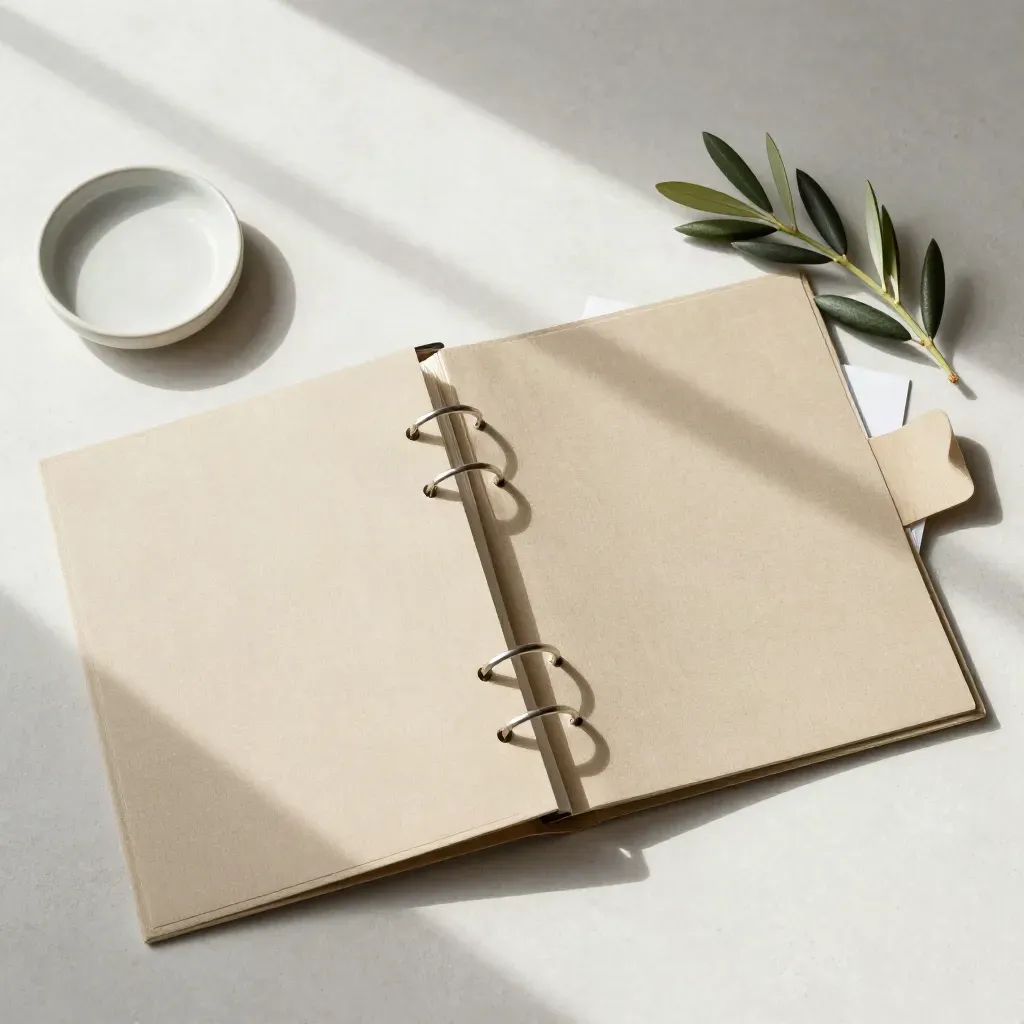 Carpeta, tarjetas troqueladas, rama de olivo y plato cerámico en flatlay cenital.
