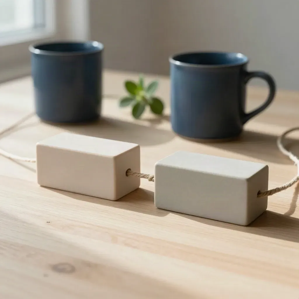 Dos blocs lisos unidos con cordón de lino, taza mate y planta pequeña sobre madera clara.