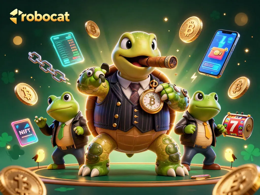 Experience thrilling wins with robocat, featuring a snapping turtle and frog enforcers in a casino scene.