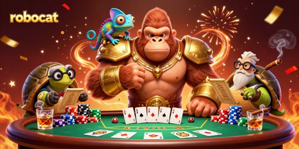 robocat casino scene featuring vibrant colors, poker chips, and dynamic characters in action.